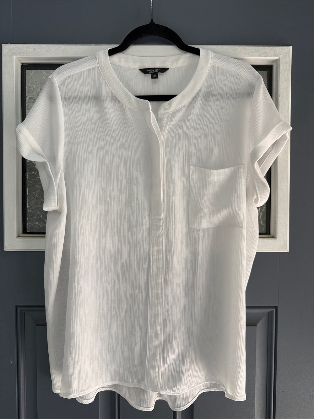 Vera Wang White Short-Sleeve Hidden-Placket Pocket Blouse